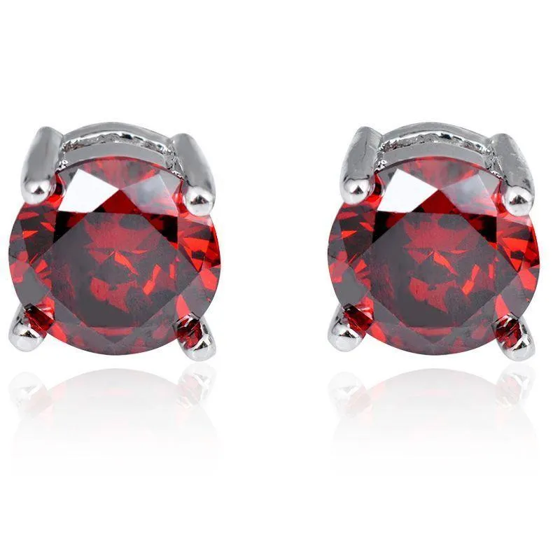 Genuine Ruby Crystal Stud Earrings - 14K White Gold Plated, 1.00 CT, Hypoallergenic & Comfort Fit, Made in Italy