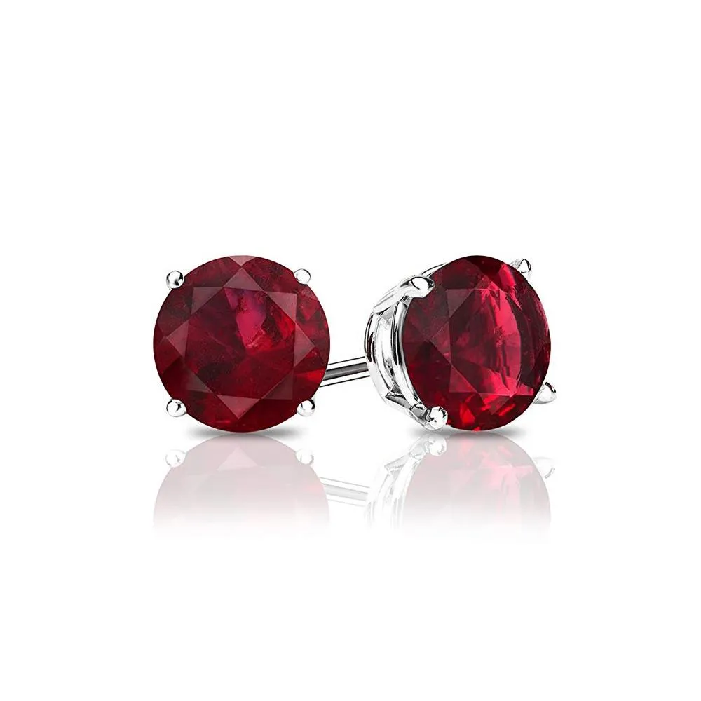 Genuine Ruby Crystal Stud Earrings - 14K White Gold Plated, 1.00 CT, Hypoallergenic & Comfort Fit, Made in Italy