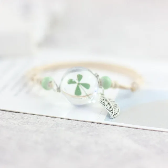 Glass Ball Dried Dandelion Bracelets Ceramic  Hand-made Dried Flower Charm Bracelets Girls Gifts Natural Flower Weave jewelry