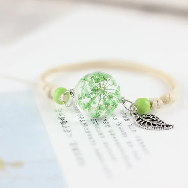 Glass Ball Dried Dandelion Bracelets Ceramic  Hand-made Dried Flower Charm Bracelets Girls Gifts Natural Flower Weave jewelry