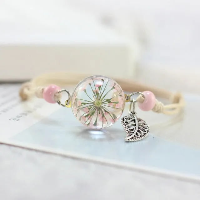 Glass Ball Dried Dandelion Bracelets Ceramic  Hand-made Dried Flower Charm Bracelets Girls Gifts Natural Flower Weave jewelry