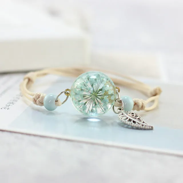 Glass Ball Dried Dandelion Bracelets Ceramic  Hand-made Dried Flower Charm Bracelets Girls Gifts Natural Flower Weave jewelry