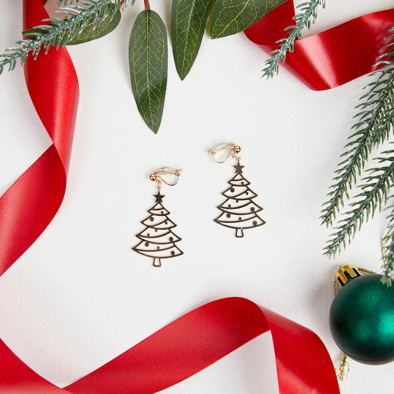 Gold Christmas Tree Holidays Clip on Earrings