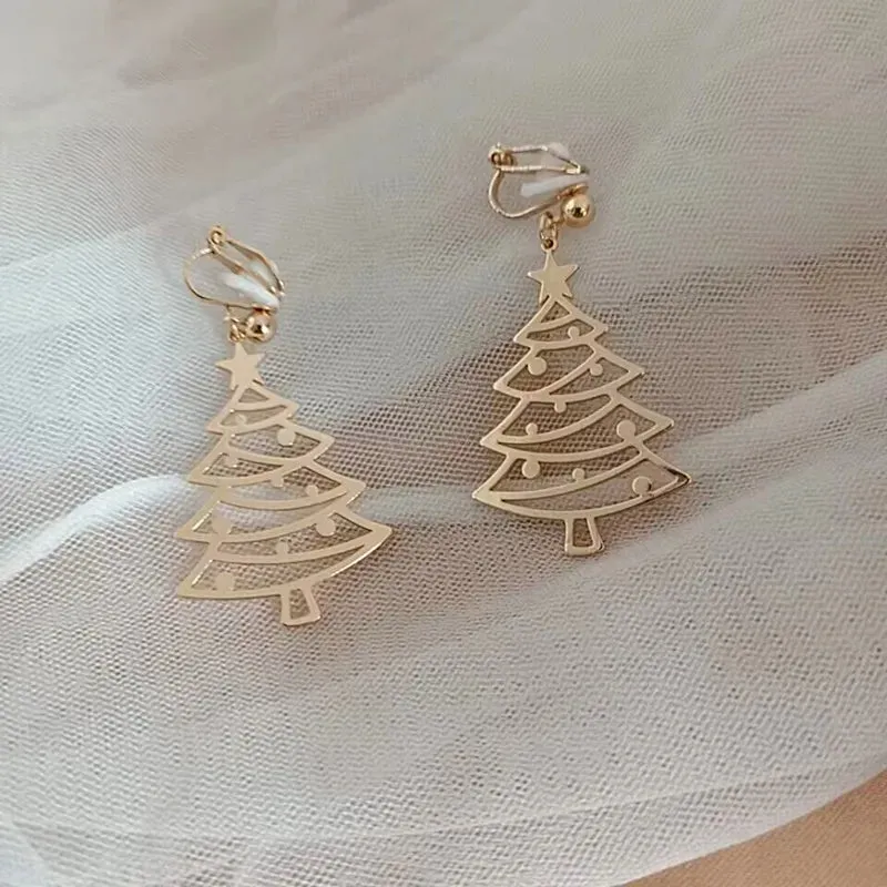 Gold Christmas Tree Holidays Clip on Earrings