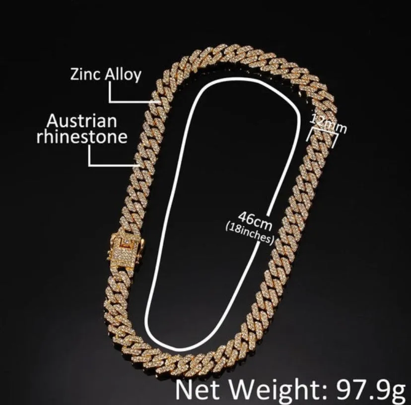 Gold cuban chain necklace, blinged iced cuban necklace , Micro Paved 12mm S-Link Miami Cuban Necklaces Hiphop Men and women Iced necklace