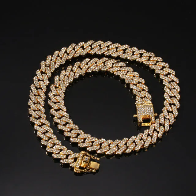 Gold cuban chain necklace, blinged iced cuban necklace , Micro Paved 12mm S-Link Miami Cuban Necklaces Hiphop Men and women Iced necklace