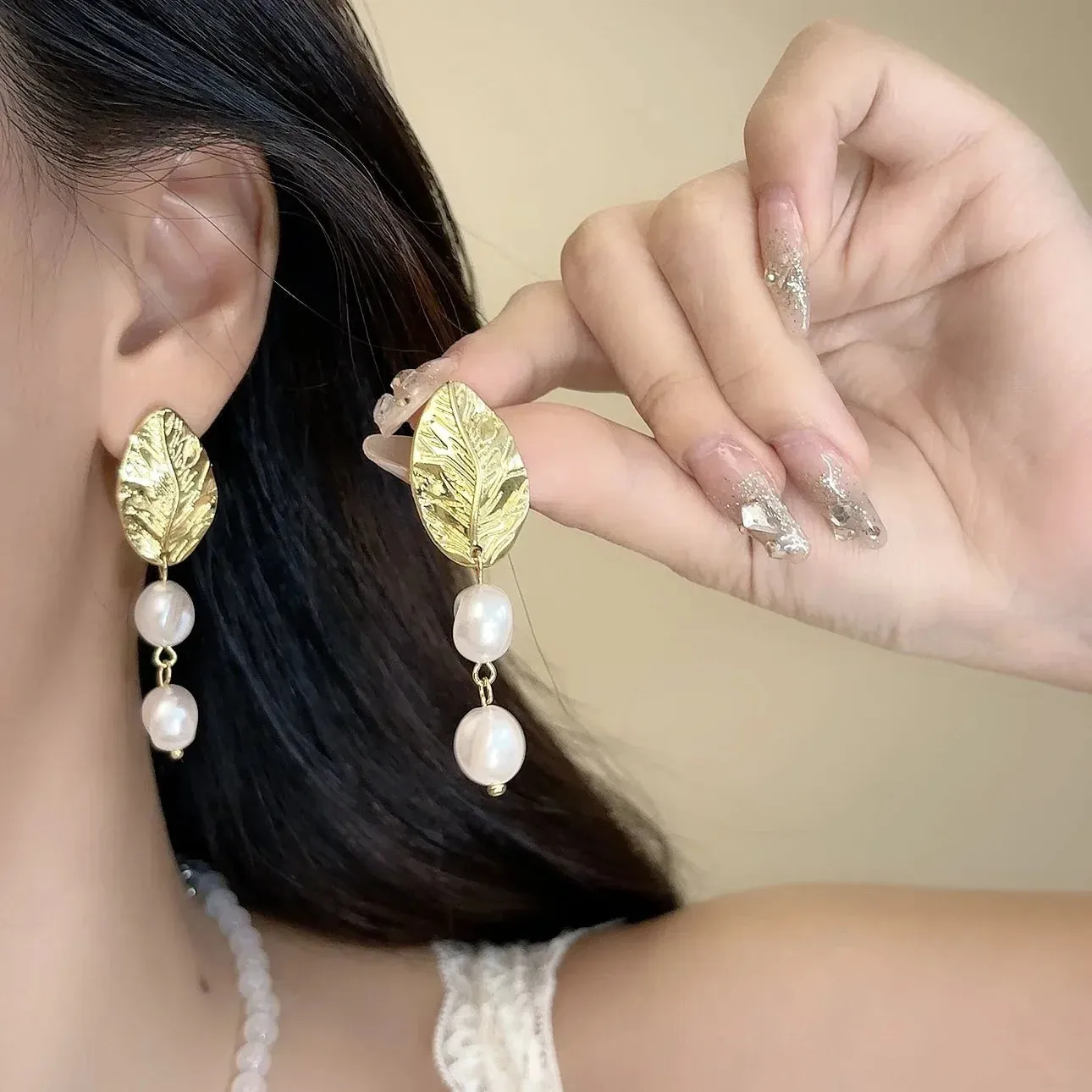 Gold Leaf Pearl Clip on Earrings