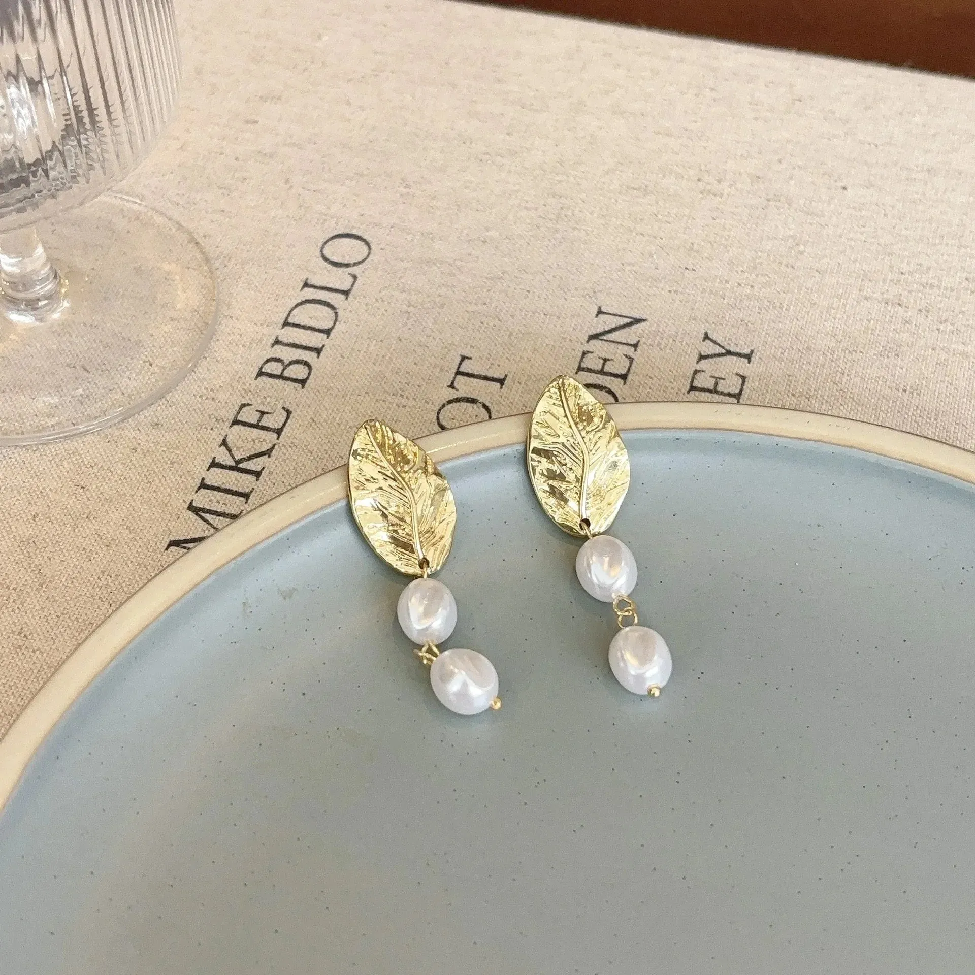 Gold Leaf Pearl Clip on Earrings