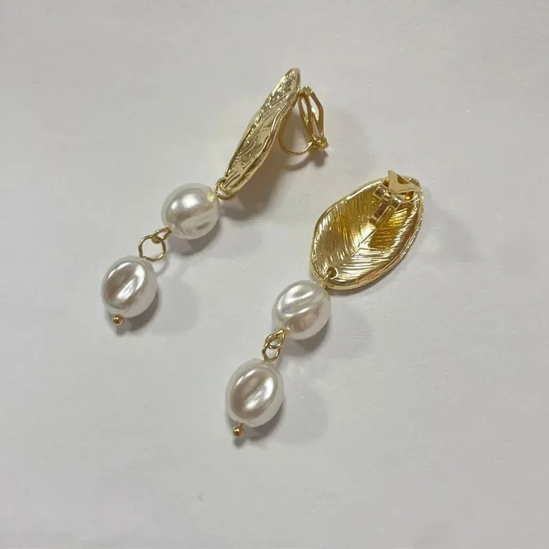 Gold Leaf Pearl Clip on Earrings