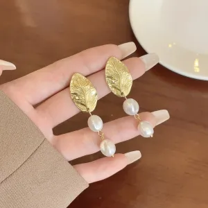 Gold Leaf Pearl Clip on Earrings