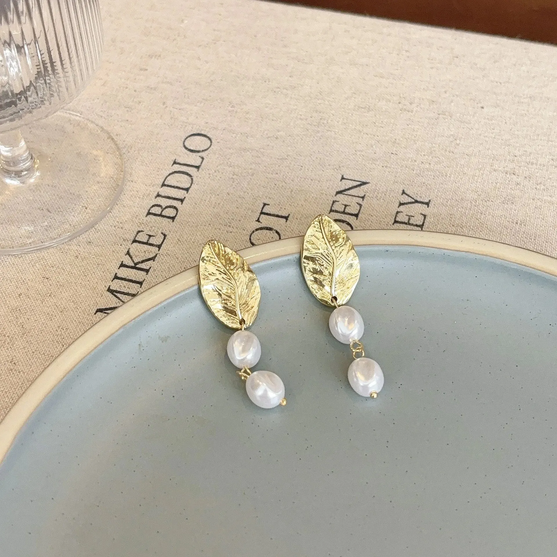 Gold Leaf Pearl Clip on Earrings