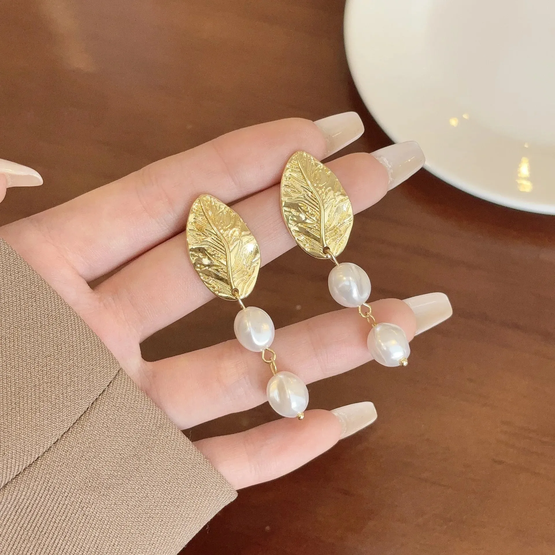 Gold Leaf Pearl Clip on Earrings