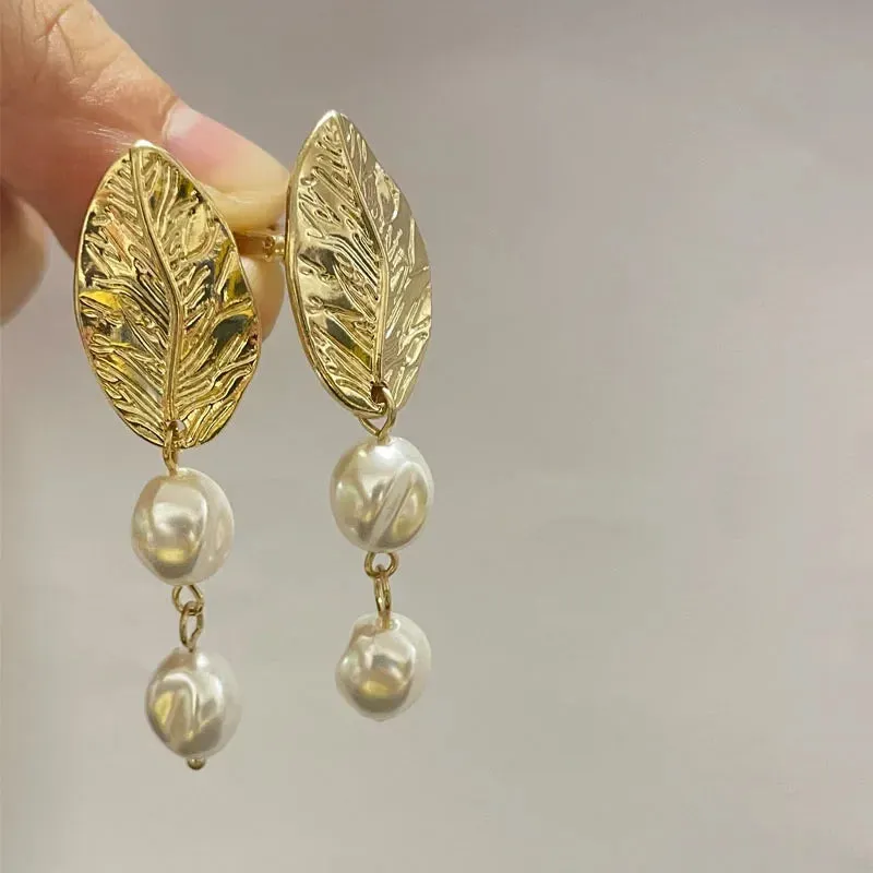 Gold Leaf Pearl Clip on Earrings