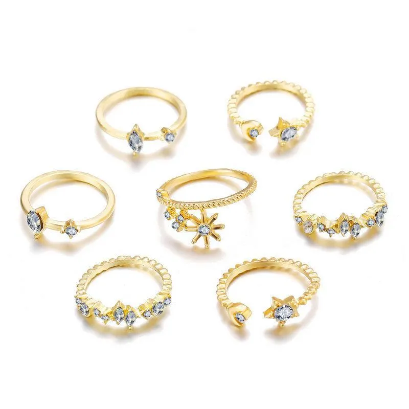 Gold Plated Stars Ring Set with Crystals - Hypoallergenic, Comfort Fit, Made in Italy