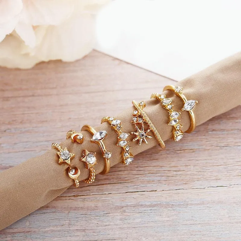 Gold Plated Stars Ring Set with Crystals - Hypoallergenic, Comfort Fit, Made in Italy