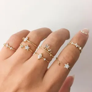 Gold Plated Stars Ring Set with Crystals - Hypoallergenic, Comfort Fit, Made in Italy