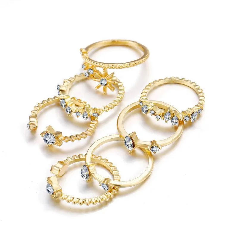 Gold Plated Stars Ring Set with Crystals - Hypoallergenic, Comfort Fit, Made in Italy