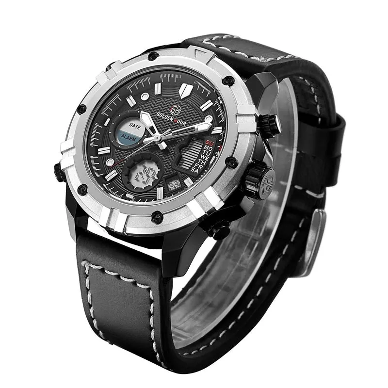 GOLDEN HOURS Military Quartz Dual Time Watch Men Date Week Alarm Multifunction Fashion Sports Leather Strap Wrist Watches