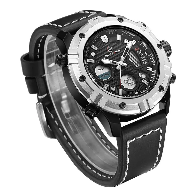 GOLDEN HOURS Military Quartz Dual Time Watch Men Date Week Alarm Multifunction Fashion Sports Leather Strap Wrist Watches