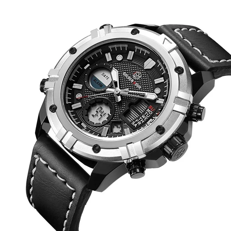 GOLDEN HOURS Military Quartz Dual Time Watch Men Date Week Alarm Multifunction Fashion Sports Leather Strap Wrist Watches