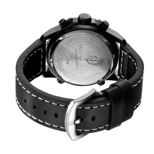GOLDEN HOURS Military Quartz Dual Time Watch Men Date Week Alarm Multifunction Fashion Sports Leather Strap Wrist Watches
