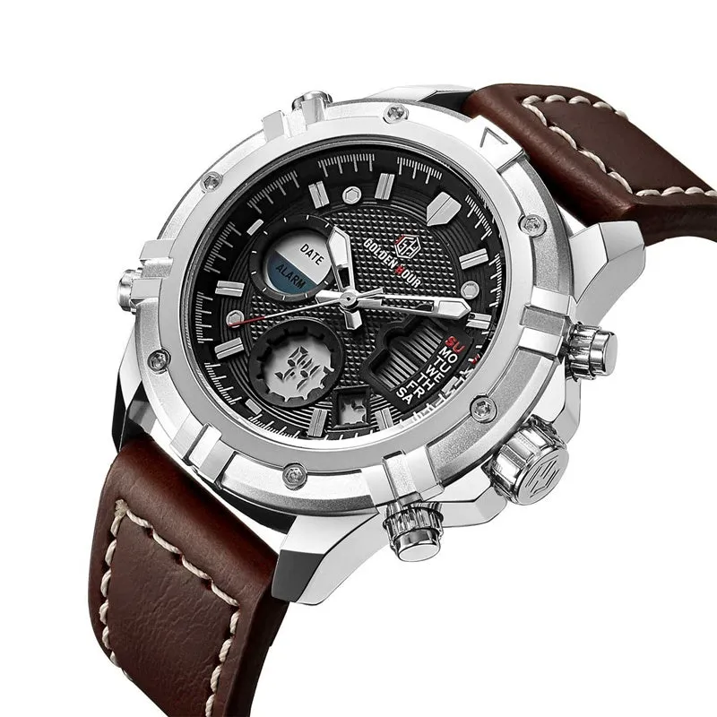 GOLDEN HOURS Military Quartz Dual Time Watch Men Date Week Alarm Multifunction Fashion Sports Leather Strap Wrist Watches