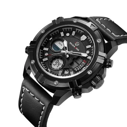 GOLDEN HOURS Military Quartz Dual Time Watch Men Date Week Alarm Multifunction Fashion Sports Leather Strap Wrist Watches