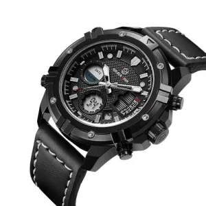 GOLDEN HOURS Military Quartz Dual Time Watch Men Date Week Alarm Multifunction Fashion Sports Leather Strap Wrist Watches