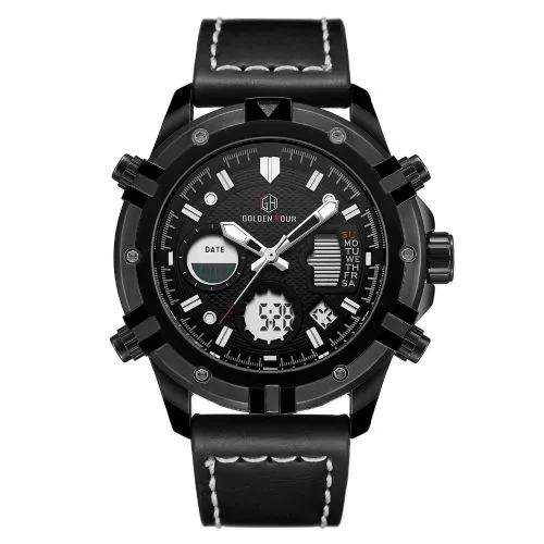 GOLDEN HOURS Military Quartz Dual Time Watch Men Date Week Alarm Multifunction Fashion Sports Leather Strap Wrist Watches