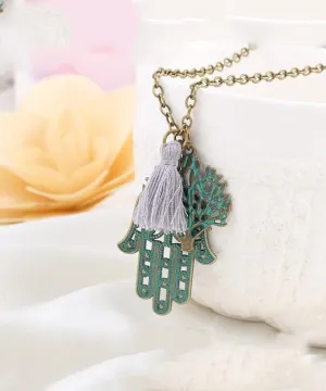 Hamsa Tree of Life Tassel Necklace - 18K Gold Plated, 18"   2" Extender