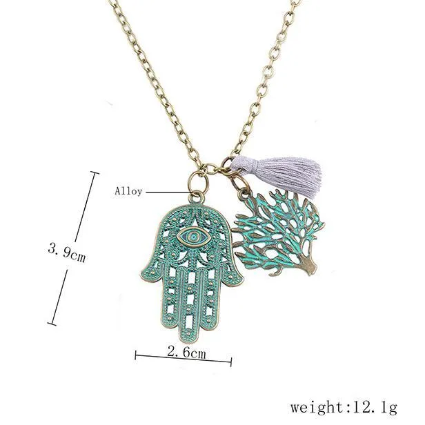 Hamsa Tree of Life Tassel Necklace - 18K Gold Plated, 18"   2" Extender