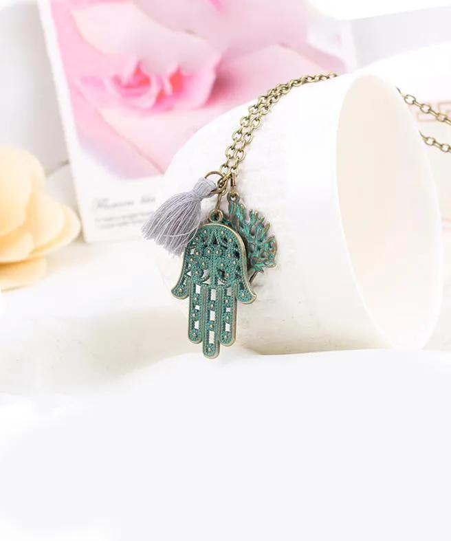 Hamsa Tree of Life Tassel Necklace - 18K Gold Plated, 18"   2" Extender