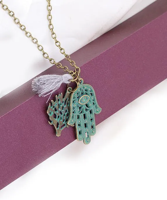 Hamsa Tree of Life Tassel Necklace - 18K Gold Plated, 18"   2" Extender