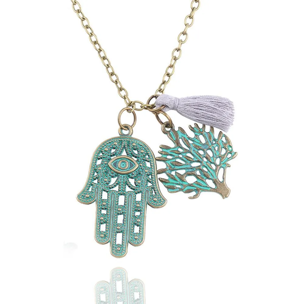 Hamsa Tree of Life Tassel Necklace - 18K Gold Plated, 18"   2" Extender
