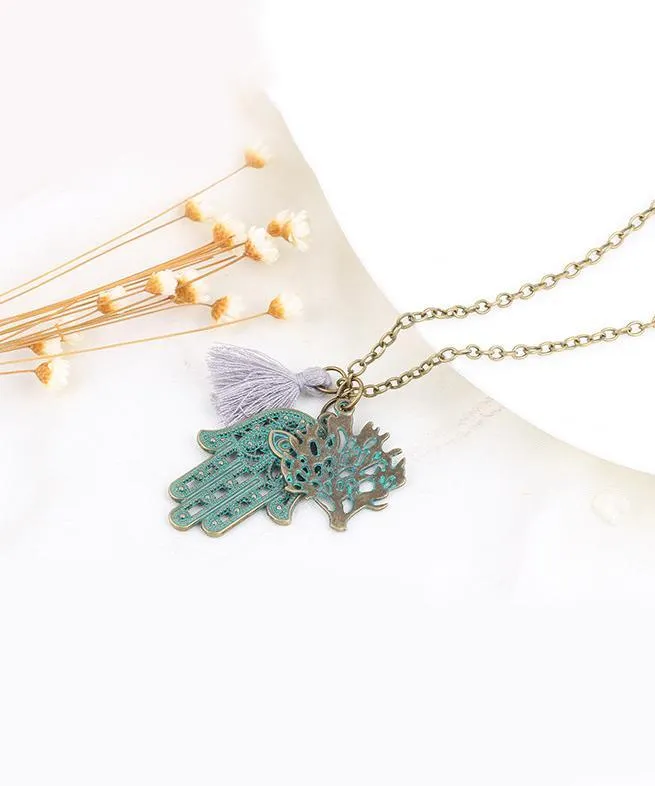 Hamsa Tree of Life Tassel Necklace - 18K Gold Plated, 18"   2" Extender