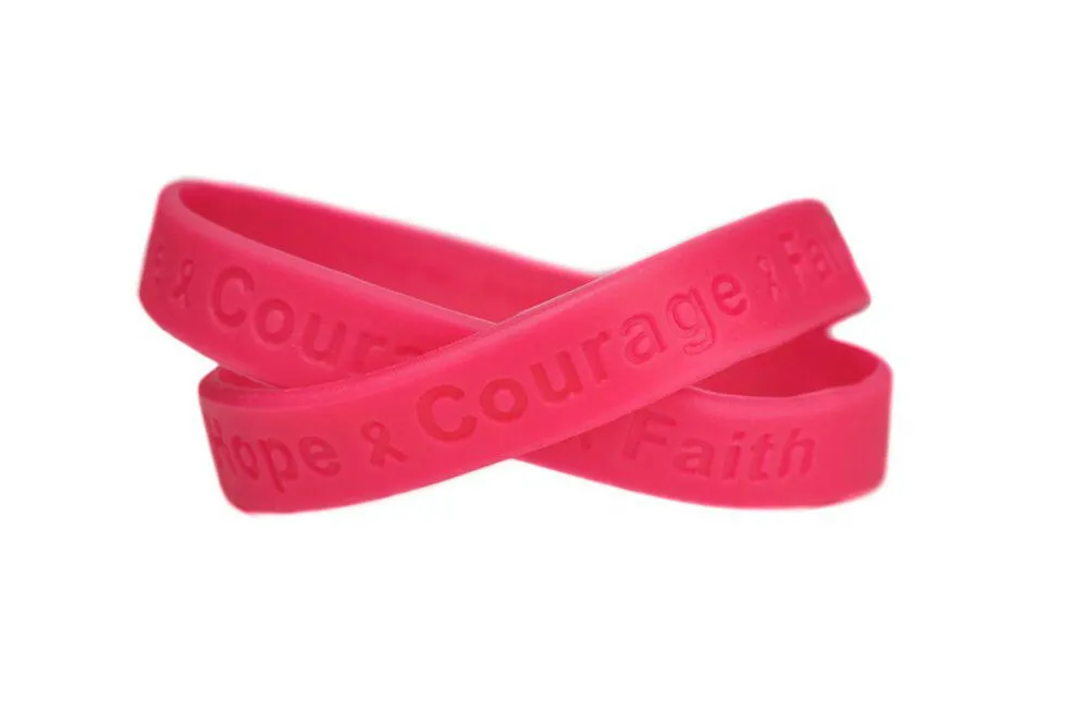 Hope Courage Faith Hot Pink Rubber Bracelet Wristband - Adult 8"