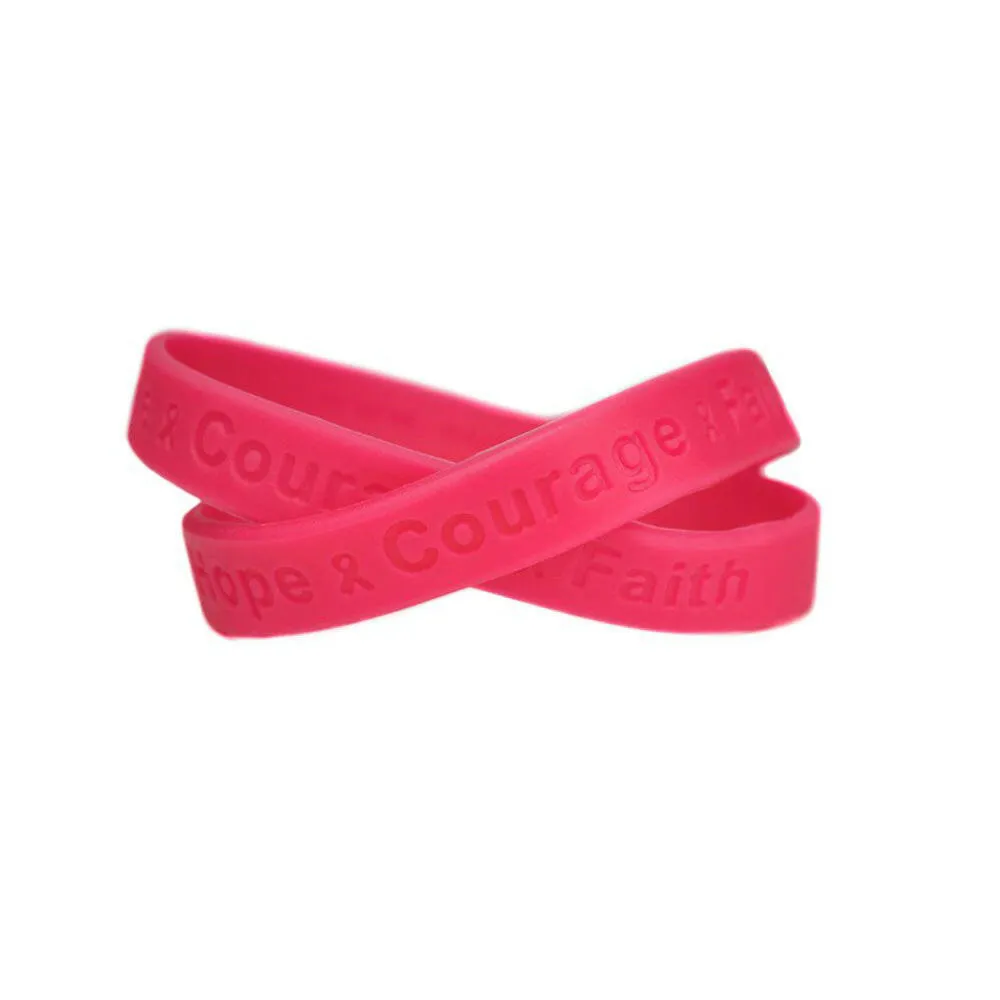 Hope Courage Faith Hot Pink Rubber Bracelet Wristband - Adult 8"