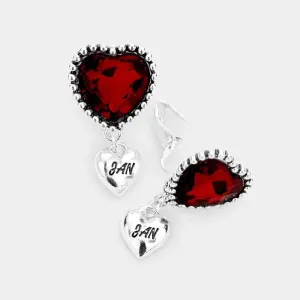 January Birthstone Heart Dangle Clip On Earrings
