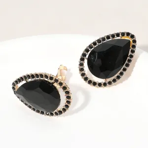 Jet Black Teardrop Stone with Black Rhinestone Trim Clip On Pageant Earrings on Gold  | 653259