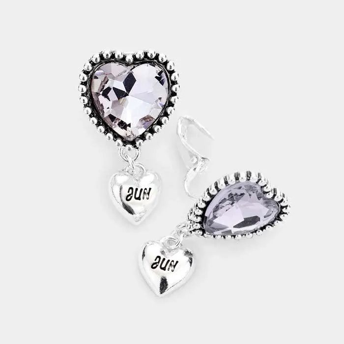 June Birthstone Heart Dangle Clip On Earrings