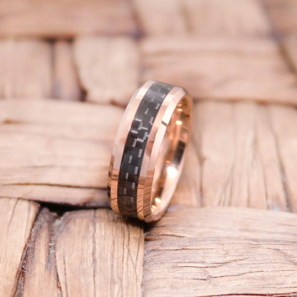 KAHLO | Rose Gold Tungsten Ring, Black Carbon Fiber Inlay, Beveled
