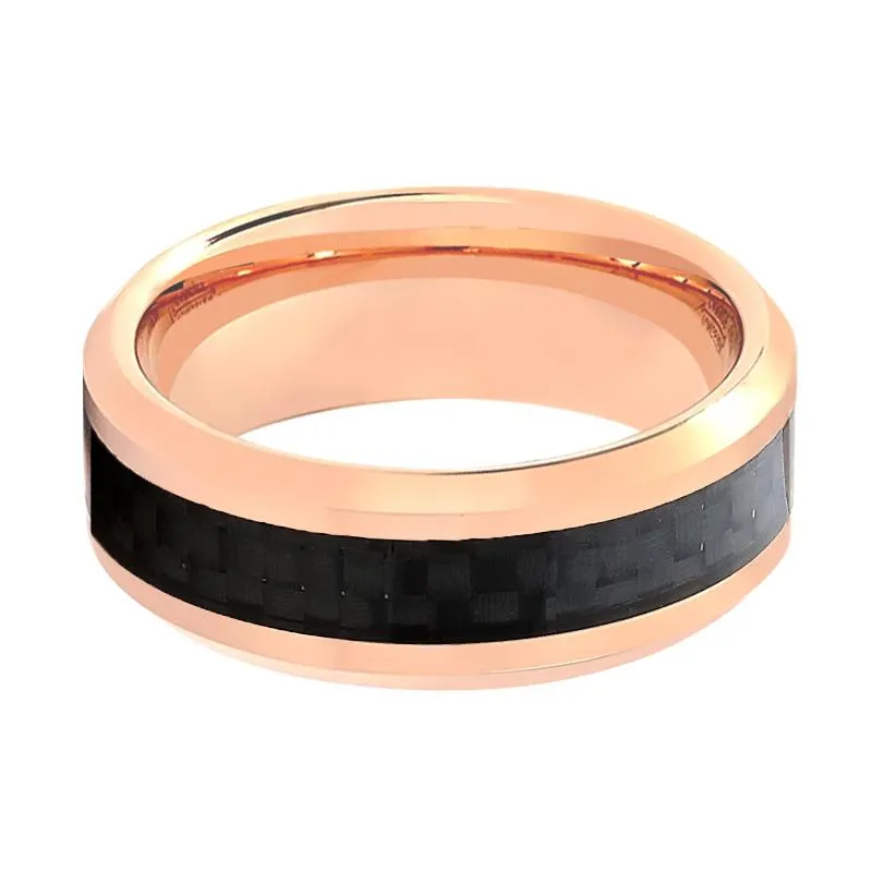 KAHLO | Rose Gold Tungsten Ring, Black Carbon Fiber Inlay, Beveled
