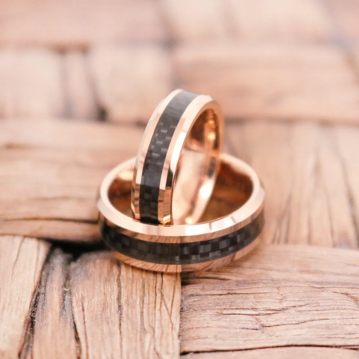 KAHLO | Rose Gold Tungsten Ring, Black Carbon Fiber Inlay, Beveled