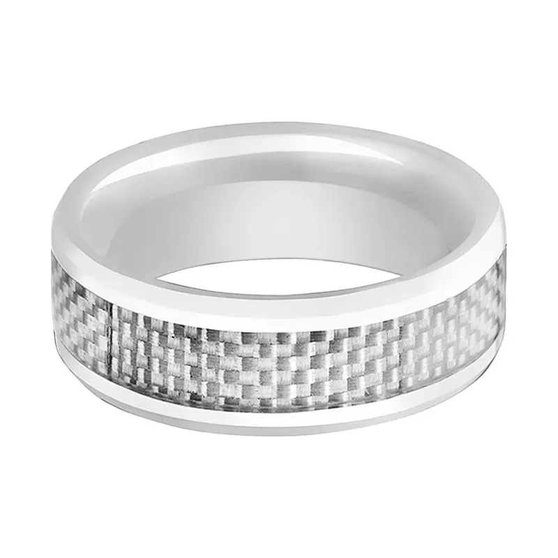 KENYON | White Ceramic Ring, White Carbon Fiber Inlay, Beveled