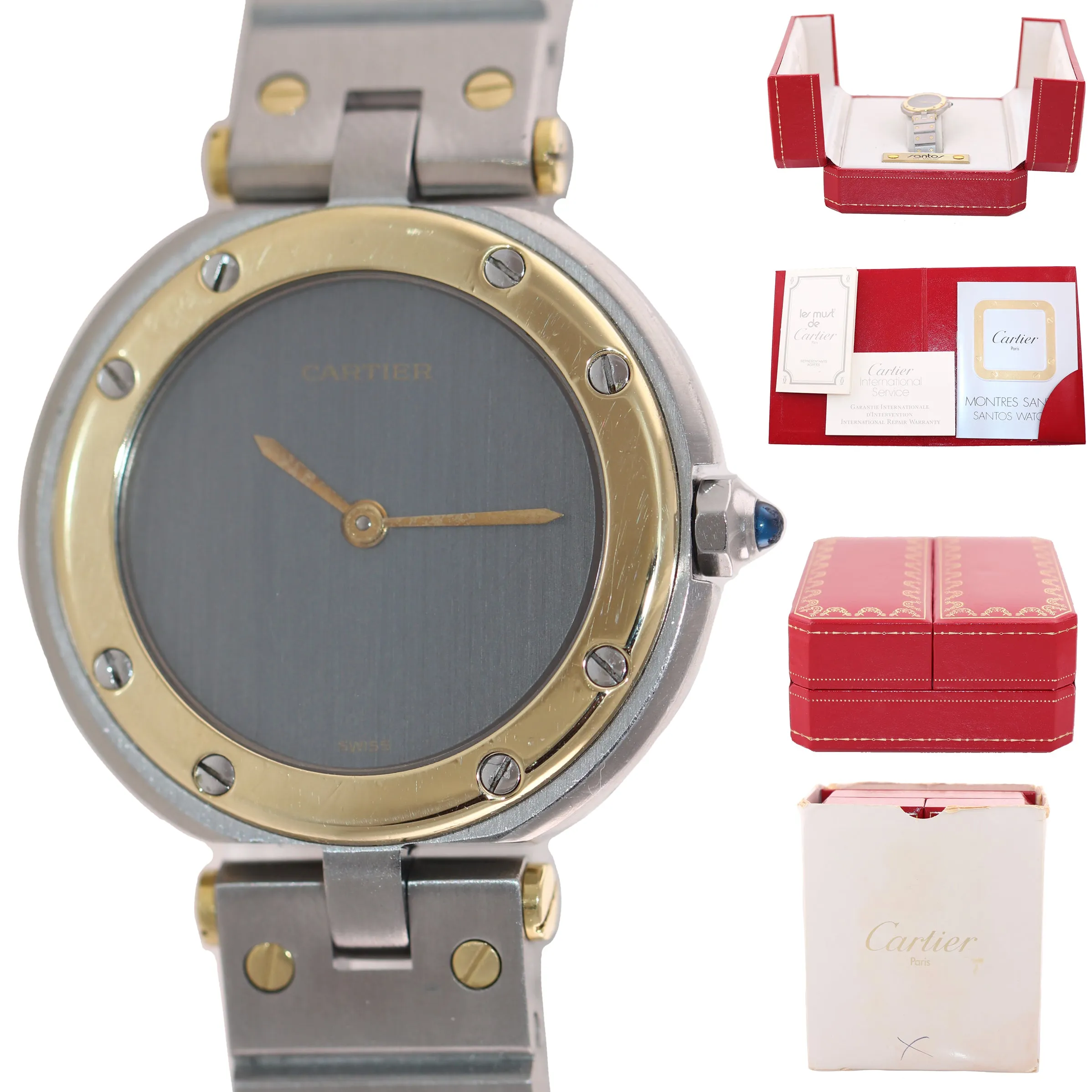 Ladies Cartier Santos Rhonde Steel 18k Gold Two Tone 27mm Quartz Grey Watch