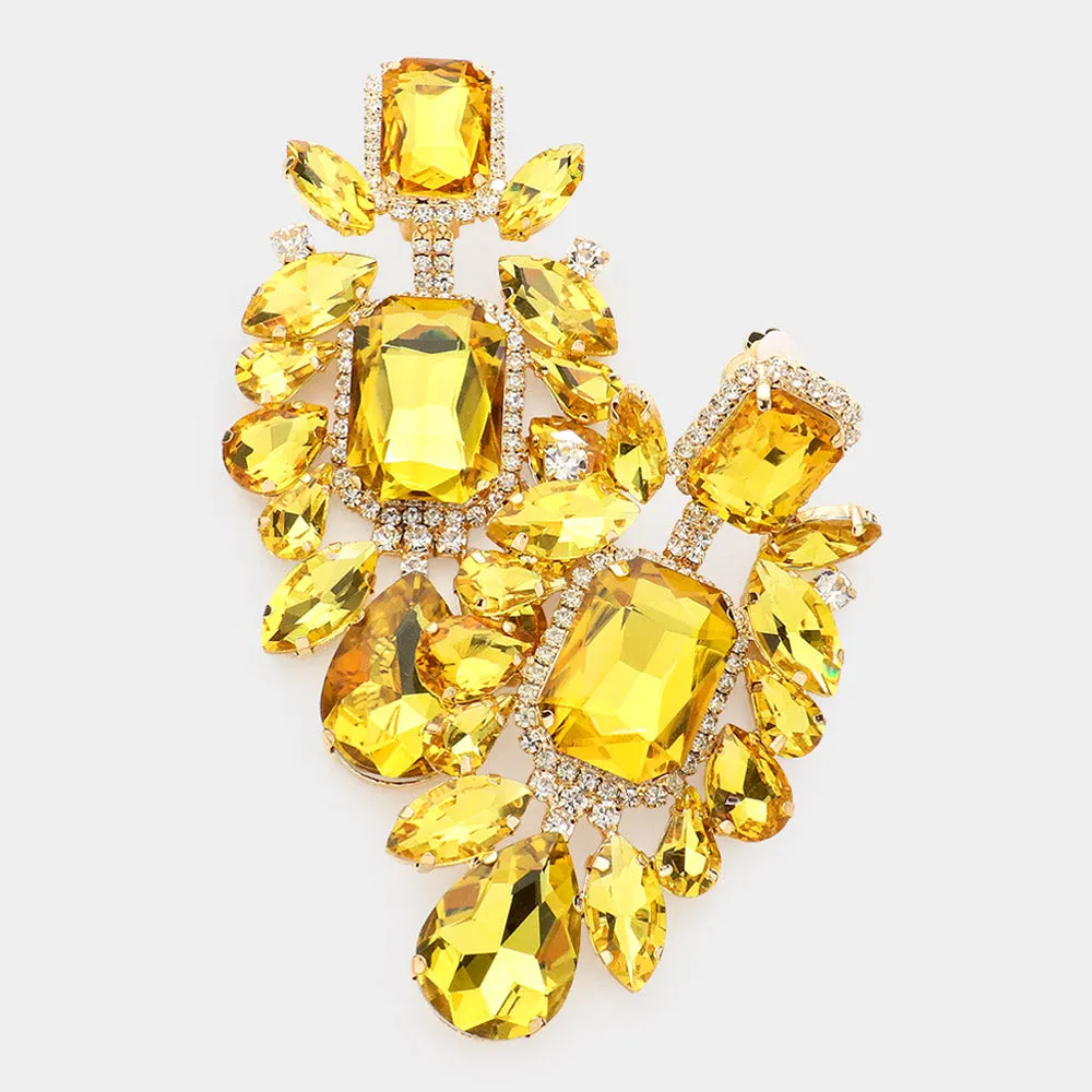 Large Yellow Multi Stone Embellished Clip On Pageant Earrings  | Prom Earrings | 572309