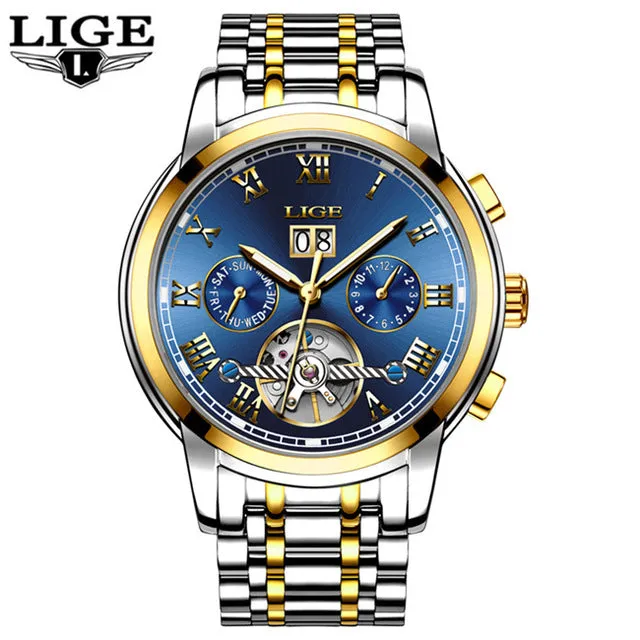 LIGE Waterproof mechanical Watch Man Full Steel