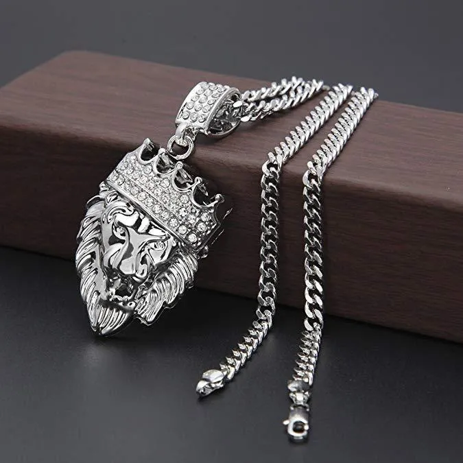 Lion Crown Pendant Necklace in 18K White Gold Plated - Hypoallergenic, Comfort Fit, Made in Italy