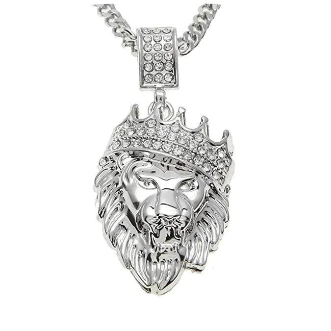 Lion Crown Pendant Necklace in 18K White Gold Plated - Hypoallergenic, Comfort Fit, Made in Italy