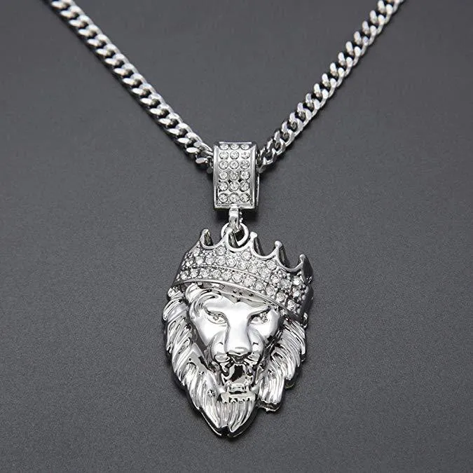 Lion Crown Pendant Necklace in 18K White Gold Plated - Hypoallergenic, Comfort Fit, Made in Italy